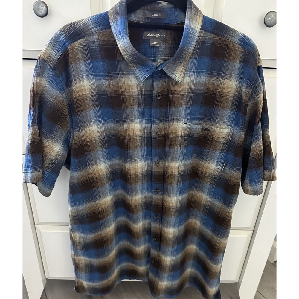 Eddie Bauer Mens Shirt T2XL 2XL Tall Blue Brown Plaid Short Sleeve Classic Fit